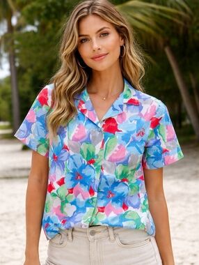 Vintage Floral Multicolor Hawaiian Short Sleeve Women's Button Down Shirt Size M